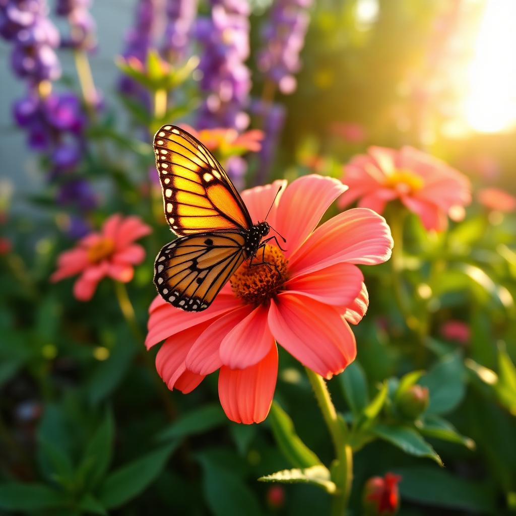 Pollinator butterfly on coral garden flower