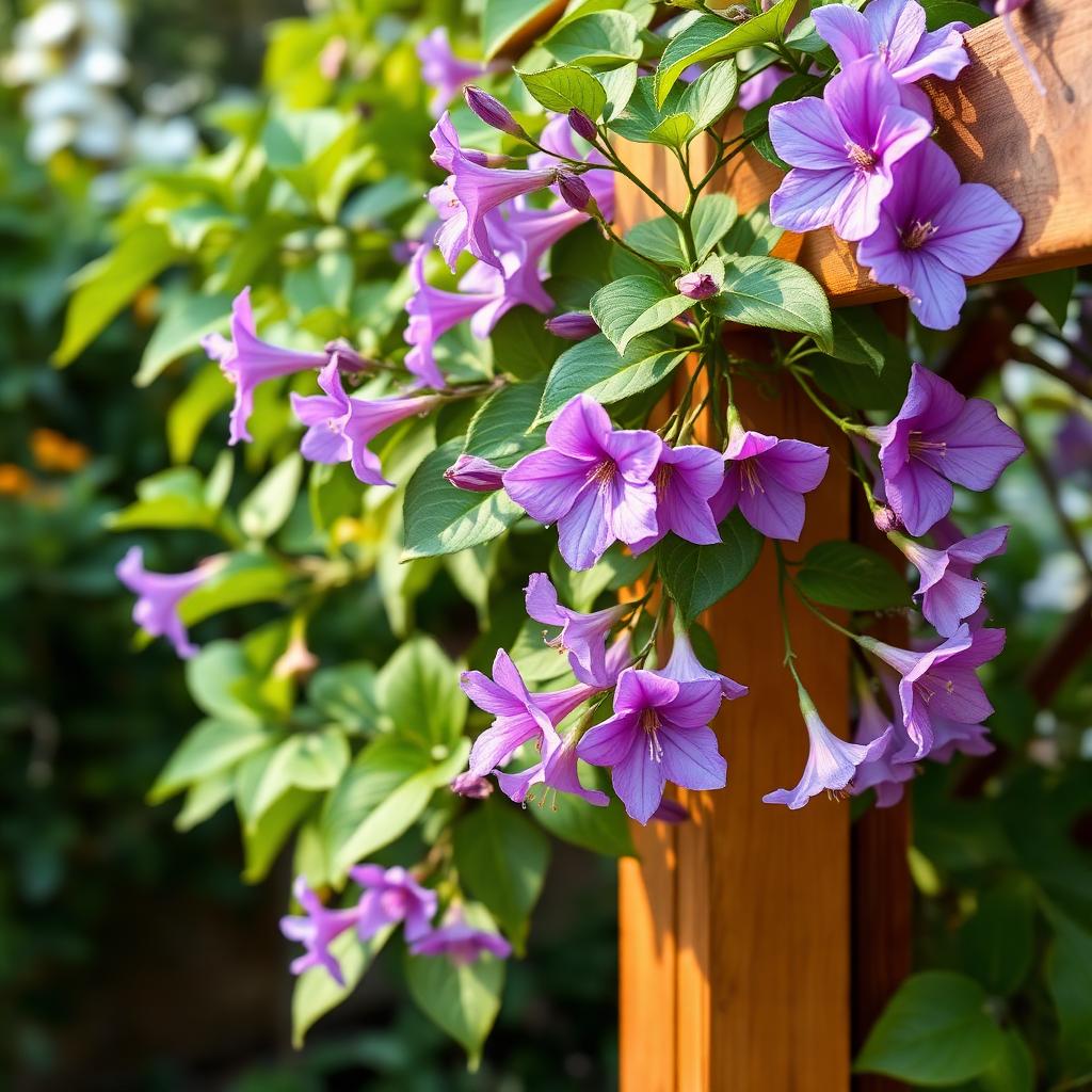 Lavender mandevilla on a wooden trellis